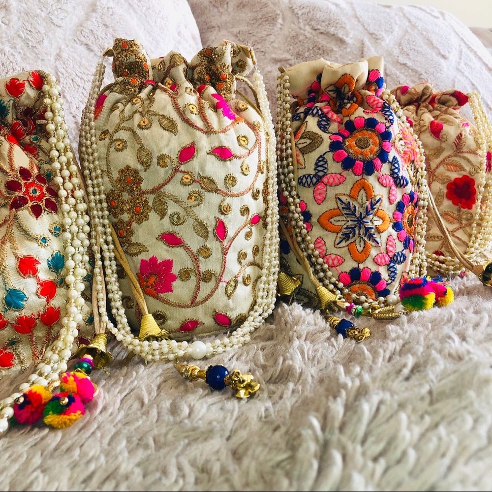 Boho Chic Hand Embroidered Drawstring Pouch Bag